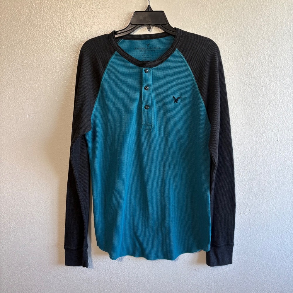 American Eagle Men's Large Blue Gray Colorblock Waffle Knit Henley Top Grunge